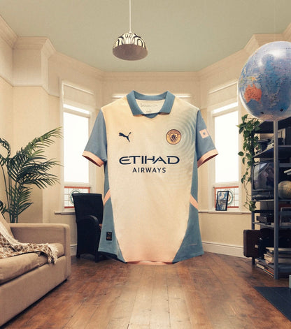 Manchester City FC 24/25 4th jersey, short sleeve edition with "Definitely Maybe" album special design, by World Cup Retro Soccer Shop.