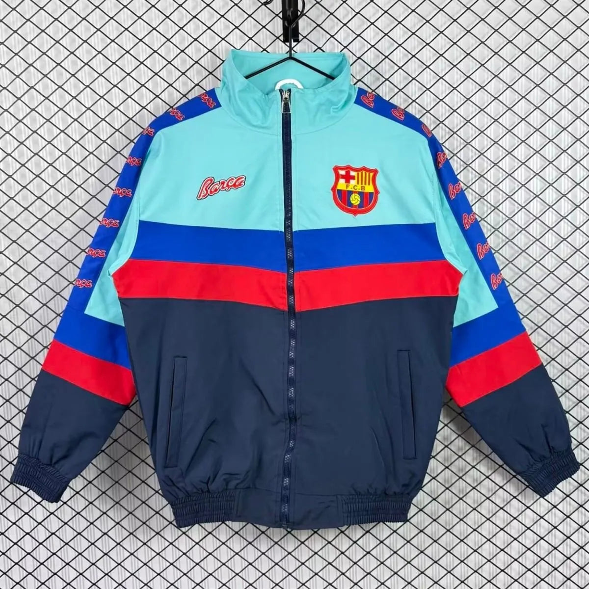 Barcelona FC 95/97 retro long sleeve track jacket with team logo, black and red design, from World Cup Retro Soccer Shop.