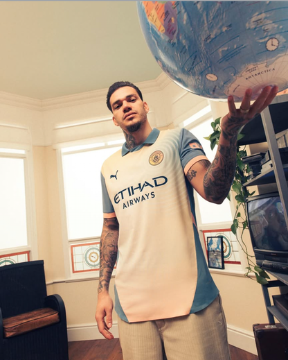 Manchester City FC 2024/25 4th short sleeve jersey with "Definitely Maybe" album special edition design, by World Cup Retro Soccer Shop