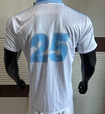 Adidas Oasis Tour “Bolt Makers Arms” edition white and sky blue short sleeve soccer jersey, featuring bold design details.