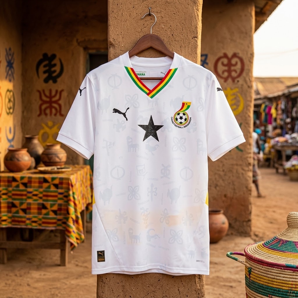Ghana 2025/26 home jersey, short sleeve soccer shirt with Ghana flag and team logo, from World Cup Retro Soccer Shop.