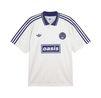 White Adidas OASIS TOUR Lifestyle short sleeve soccer jersey with retro design, featuring team and branding details.