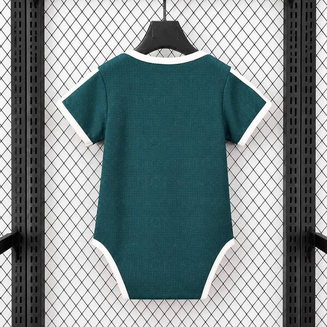 Real Madrid 26/27 home infant romper kit with short sleeves, featuring team colors and logo, designed for young fans.