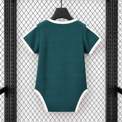 Real Madrid 26/27 home infant romper kit with short sleeves, featuring team colors and logo, designed for young fans.