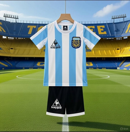 Argentina 🇦🇷 1986 World Cup Kids Kit Set, Home Jersey, Shorts & Socks. - World Cup Retro Soccer Shop