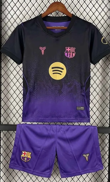 Barcelona kids away soccer kit set with short sleeve jersey, shorts, and socks in team colors, by World Cup Retro Soccer Shop.