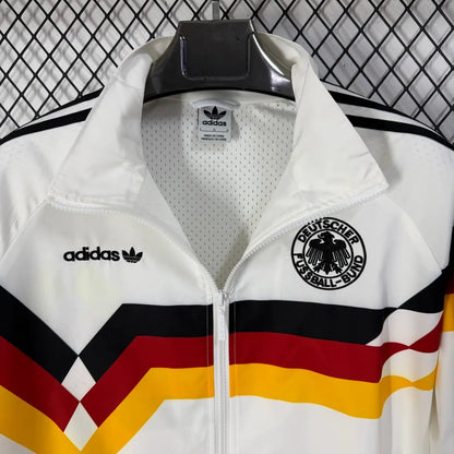 Long sleeve West Germany 1990 classic retro track jacket with vintage soccer design, from World Cup Retro Soccer Shop.