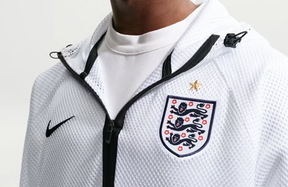 England World Cup 2026 warm-up jacket, long sleeve sportswear by World Cup Retro Soccer Shop, featuring England team colors and logo.