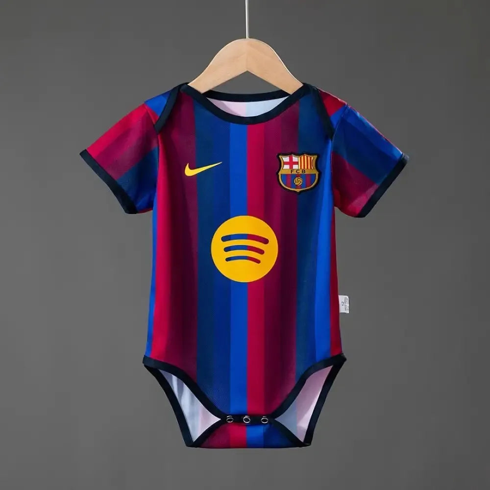 Barcelona infant romper kit with short sleeves, featuring team colors and logo, for babies' sportswear from World Cup Retro Soccer Shop.