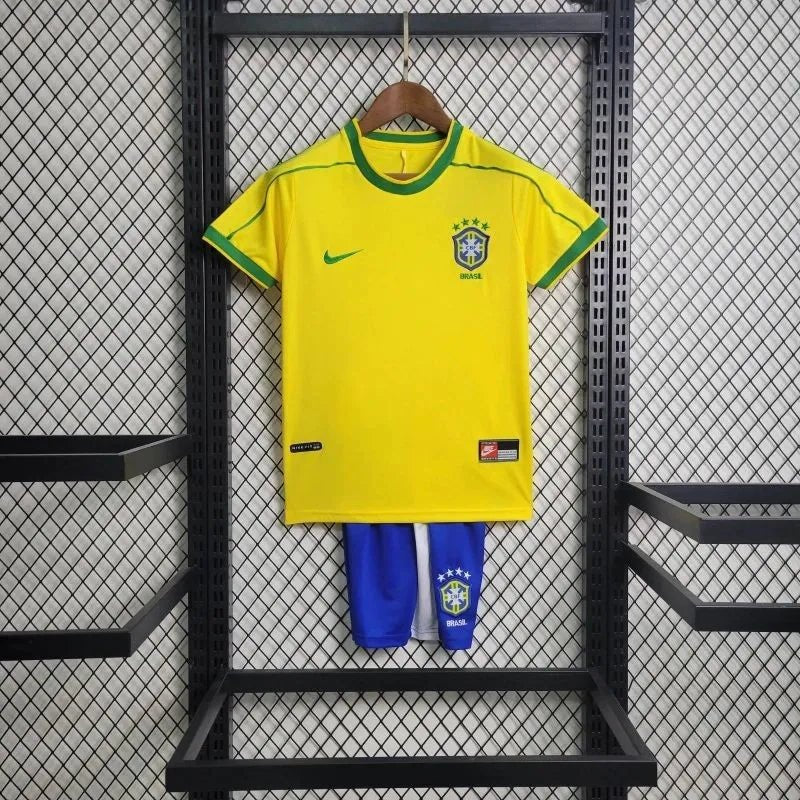 Brazil 🇧🇷 1998 World Cup Retro Kids Kit Set Home Jersey, Shorts & Socks. - World Cup Retro Soccer Shop