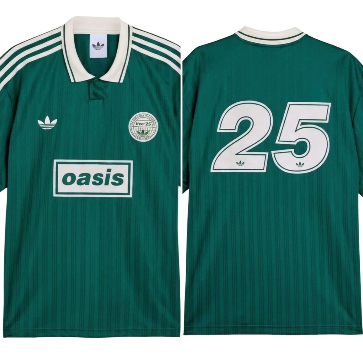 Green Adidas OASIS TOUR Lifestyle short sleeve soccer jersey with retro World Cup design, featuring bold branding and vibrant colors.