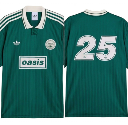 Green Adidas OASIS TOUR Lifestyle short sleeve soccer jersey with retro World Cup design, featuring bold branding and vibrant colors.