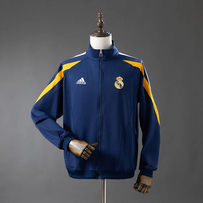 Real Madrid 98/99 Retro Track Jacket, long sleeve sportswear with team logo, vintage soccer style, from World Cup Retro Soccer Shop