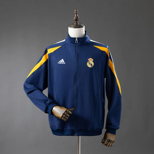 Real Madrid 98/99 Retro Track Jacket, long sleeve sportswear with team logo, vintage soccer style, from World Cup Retro Soccer Shop
