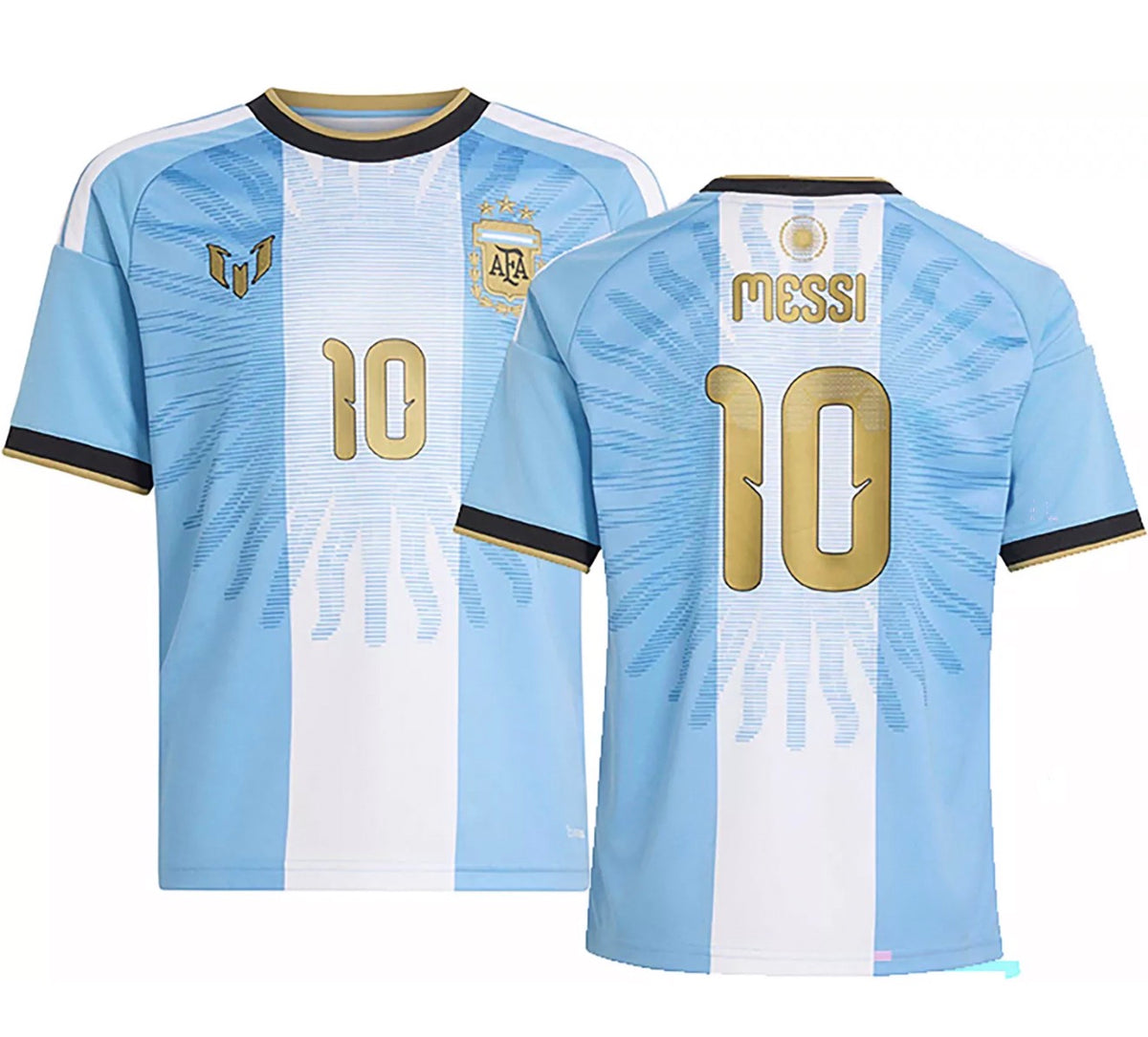 Argentina Lionel Messi farewell short sleeve jersey with team logo and last game details, in vibrant team colors.