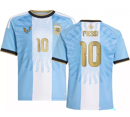 Argentina Lionel Messi farewell short sleeve jersey with team logo and last game details, in vibrant team colors.