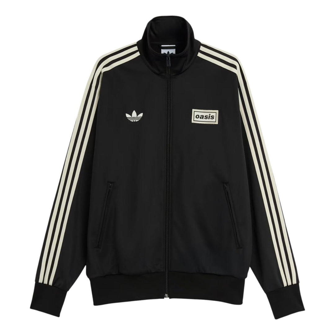 Black Adidas Original OASIS TOUR long sleeve tracksuit jacket with sporty design, featuring the iconic Adidas logo and retro style.