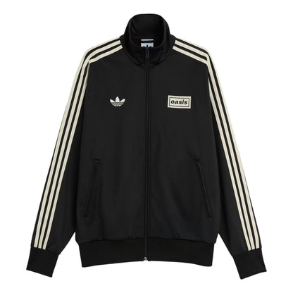 Black Adidas Original OASIS TOUR long sleeve tracksuit jacket with sporty design, featuring the iconic Adidas logo and retro style.