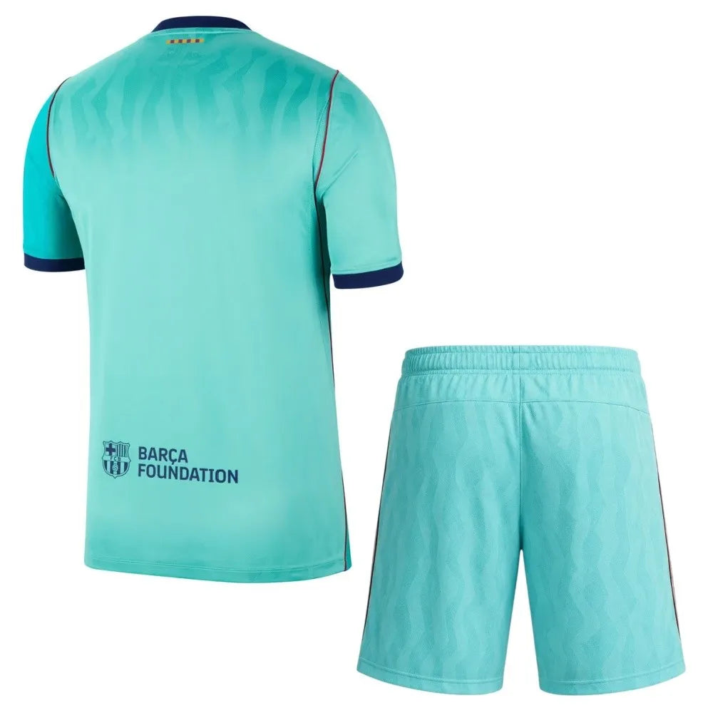 Barcelona 26/27 Kids third soccer kit set with short sleeve home jersey, shorts, and socks, featuring team colors and logo.