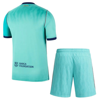 Barcelona 26/27 Kids third soccer kit set with short sleeve home jersey, shorts, and socks, featuring team colors and logo.