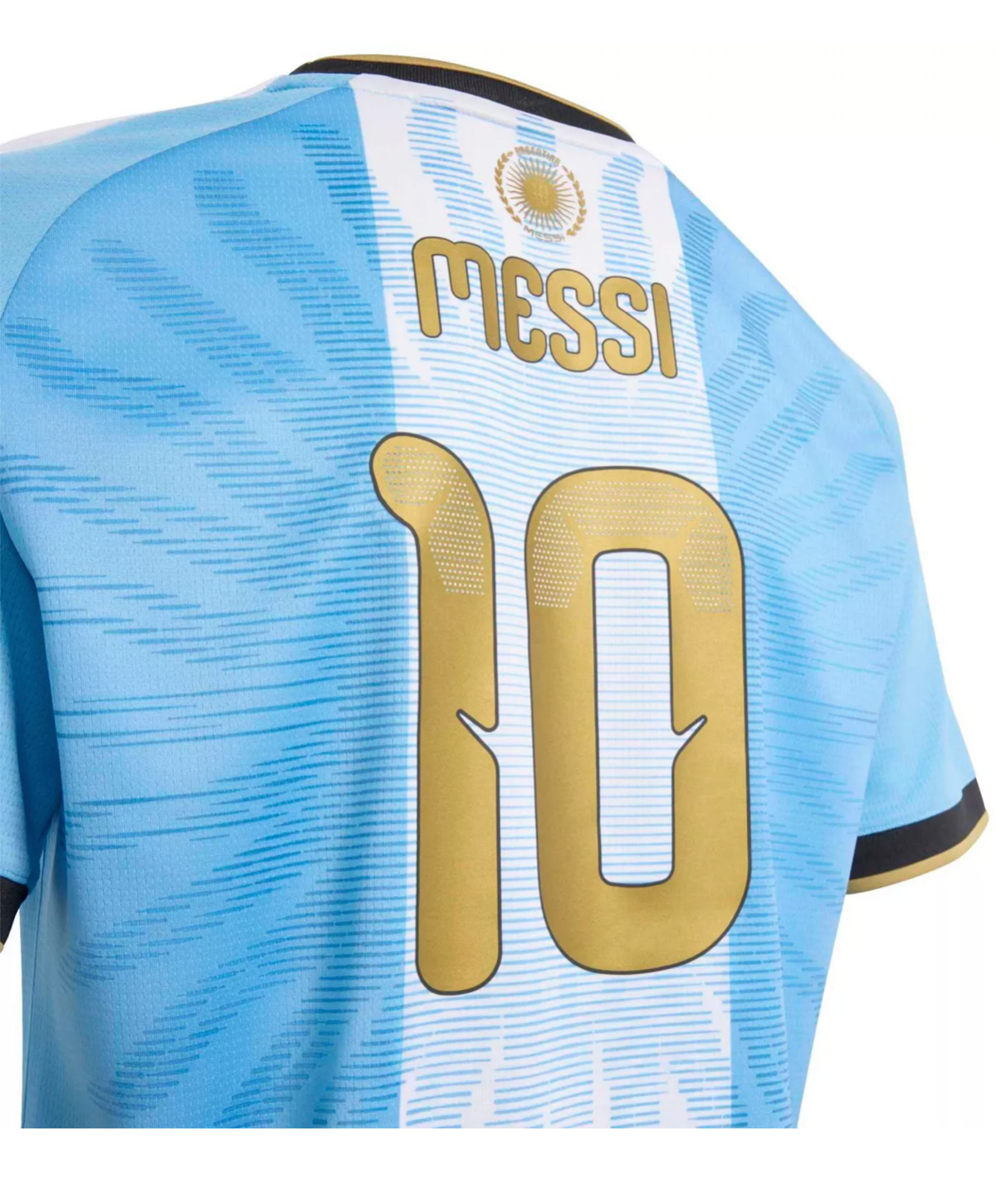 Argentina Lionel Messi farewell short sleeve jersey, last game vs Benin, featuring team crest and Messi’s name and number.