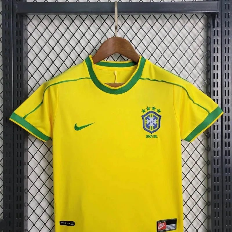 Brazil 🇧🇷 1998 World Cup Retro Kids Kit Set Home Jersey, Shorts & Socks. - World Cup Retro Soccer Shop