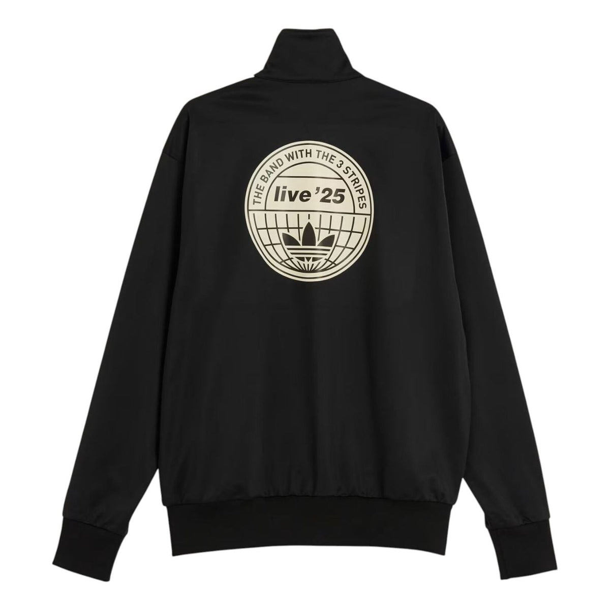 Black Adidas Original Oasis Tour long sleeve tracksuit jacket with sporty design, displayed on a plain background.