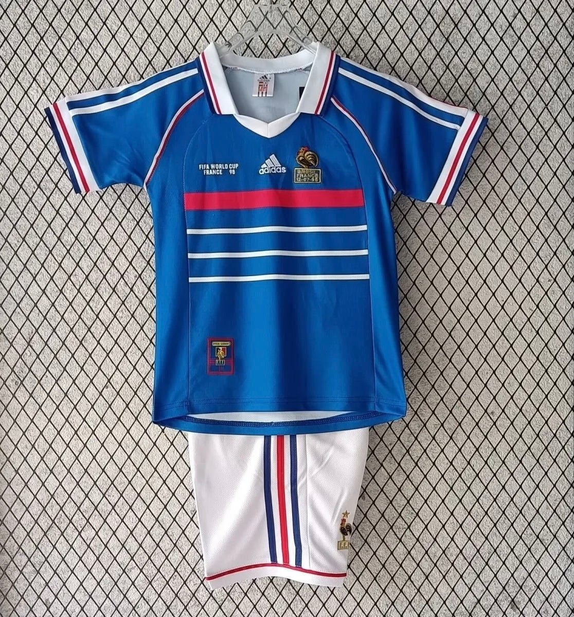 France 🇫🇷 1998 World Cup Champions Kids Kit Set Home Jersey, Shorts & Socks. - World Cup Retro Soccer Shop