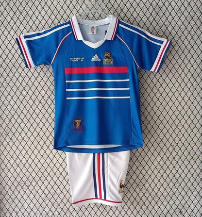 France 🇫🇷 1998 World Cup Champions Kids Kit Set Home Jersey, Shorts & Socks. - World Cup Retro Soccer Shop