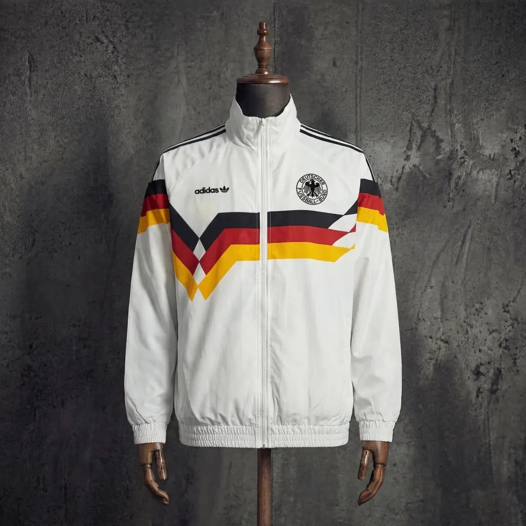 Long sleeve West Germany 1990 classic retro soccer track jacket with vintage design from World Cup Retro Soccer Shop.