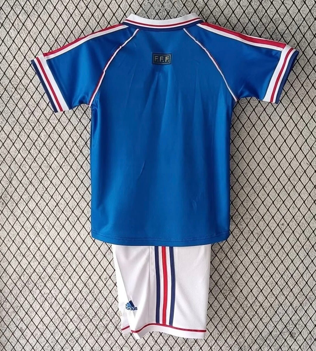 France 🇫🇷 1998 World Cup Champions Kids Kit Set Home Jersey, Shorts & Socks. - World Cup Retro Soccer Shop