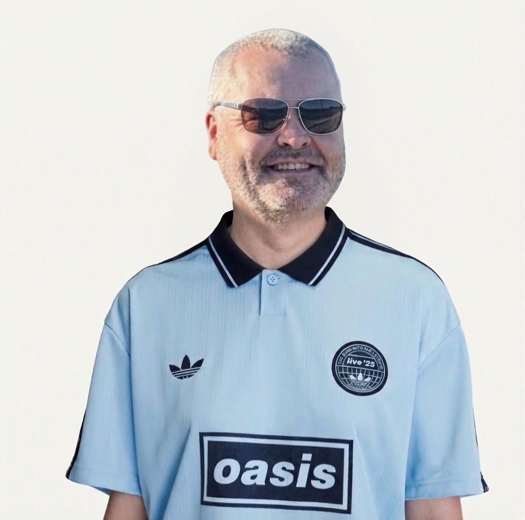 Blue Adidas OASIS TOUR short sleeve jersey from the World Cup Retro Soccer Shop, featuring a sporty, casual lifestyle design.