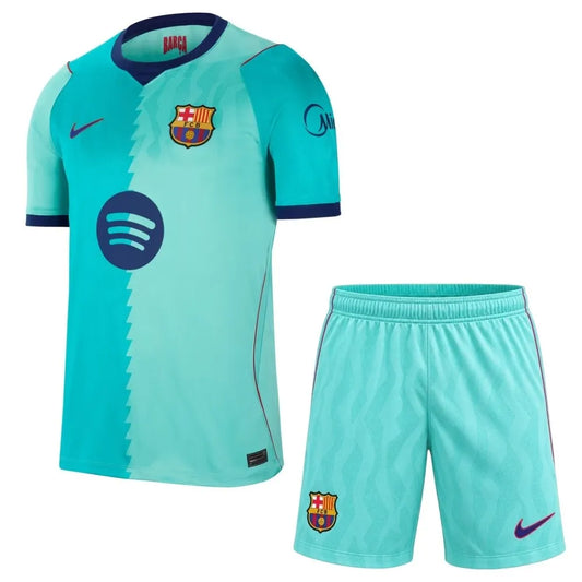 Barcelona 26/27 third kids soccer kit set with home jersey, shorts, and socks, featuring team colors and logo.