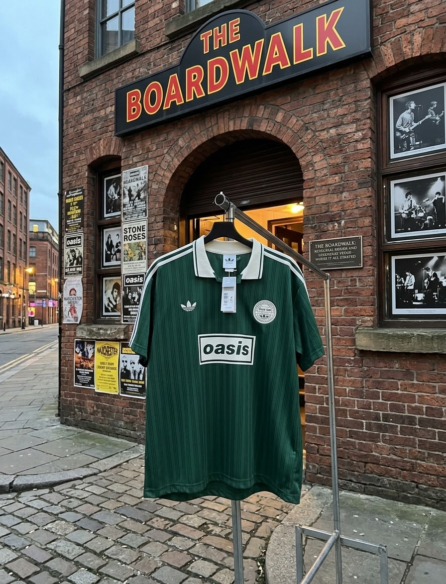 Green Adidas OASIS TOUR lifestyle short sleeve soccer jersey with retro World Cup design, featuring bold team graphics and breathable fabric.