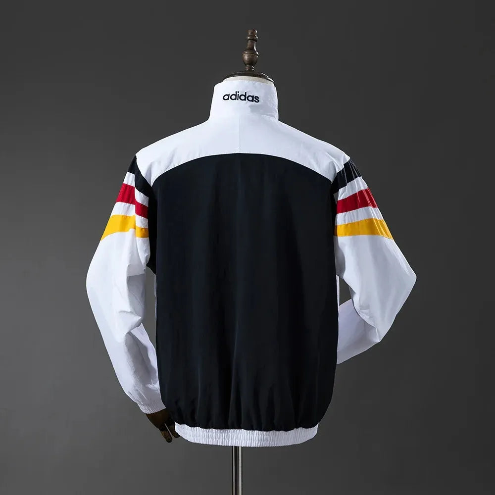 Germany 1996/1998 all-weather retro track jacket, long sleeve soccer jacket with classic design, by World Cup Retro Soccer Shop.