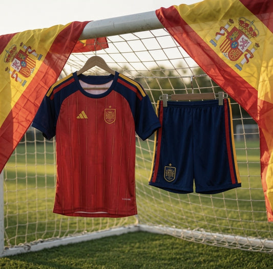 Spain 🇪🇸 2026 World Cup Kids Kit Set, Home Jersey Shorts & Socks.