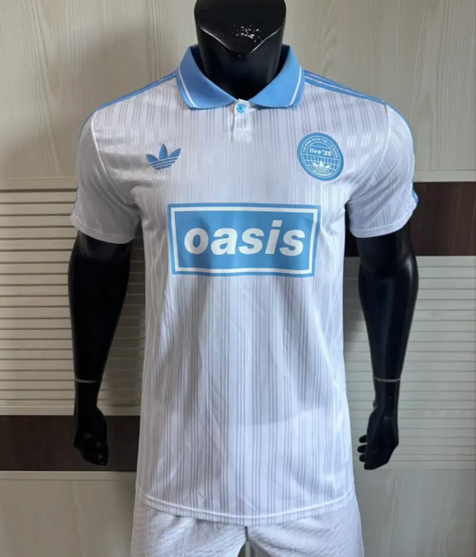 Adidas Oasis Tour "Bolt Makers Arms" edition white and sky blue short sleeve soccer jersey with World Cup Retro Soccer Shop branding.