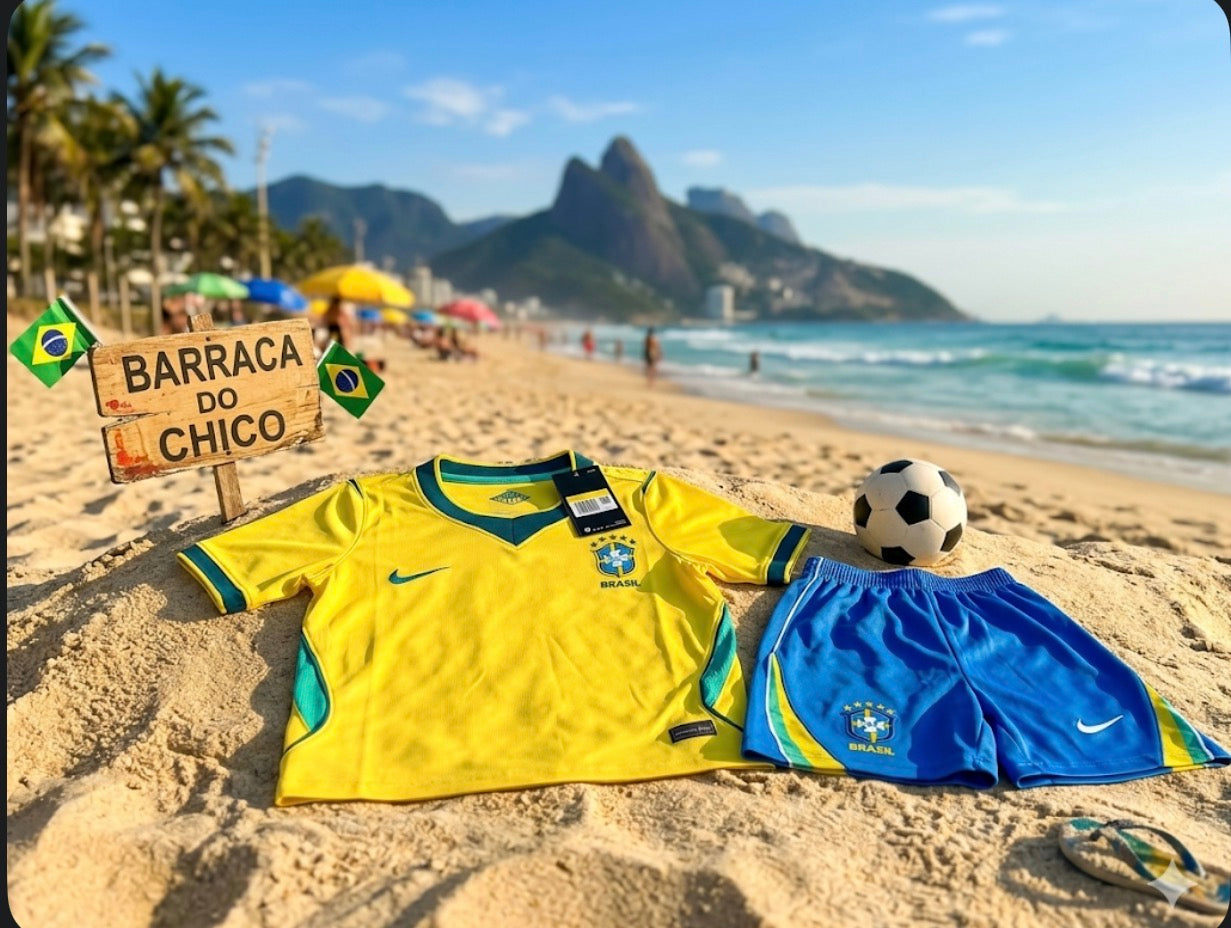 Brazil 🇧🇷 2026 World Cup Retro Kids Kit Set Home Jersey, Shorts & Socks.
