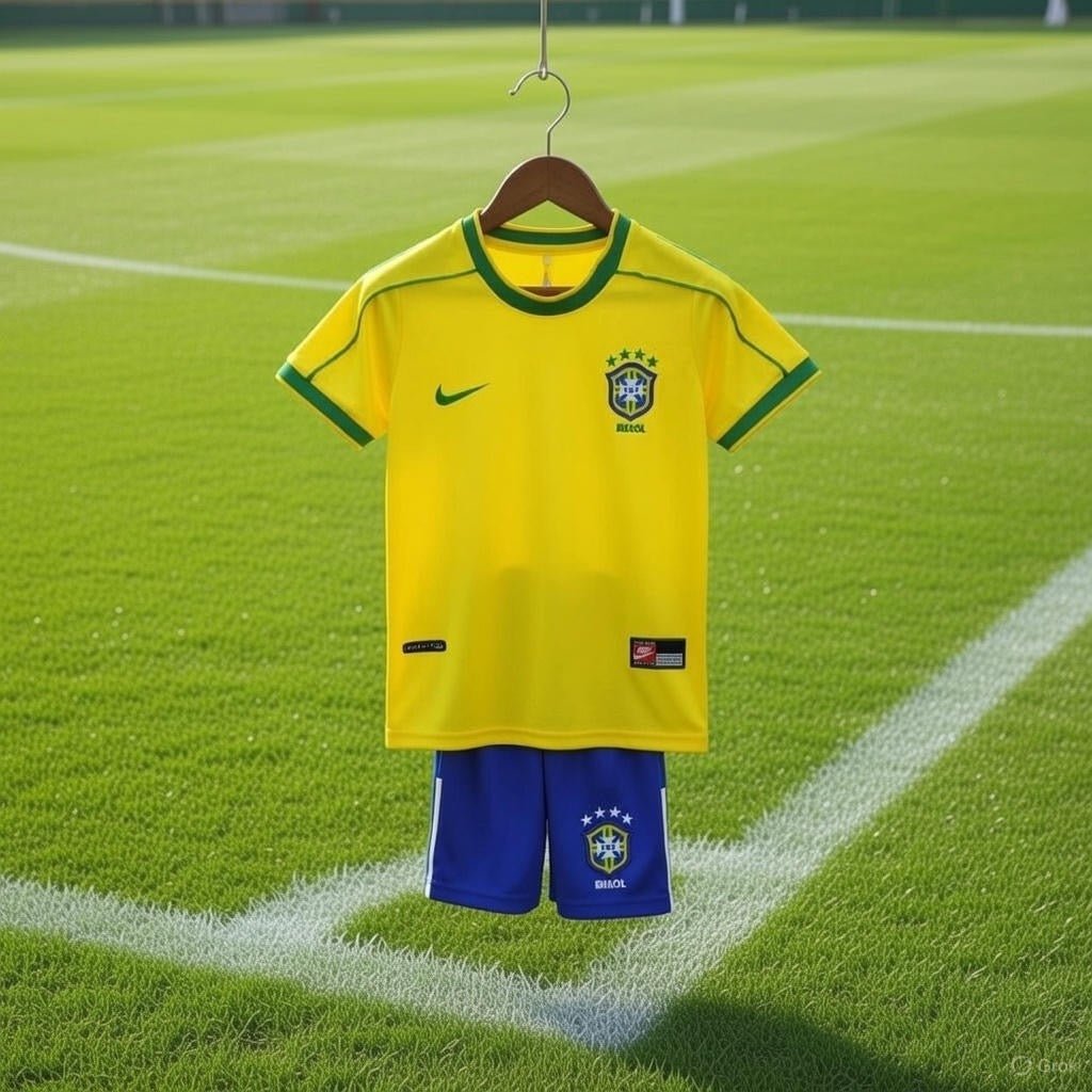 Brazil 🇧🇷 1998 World Cup Retro Kids Kit Set Home Jersey, Shorts & Socks. - World Cup Retro Soccer Shop