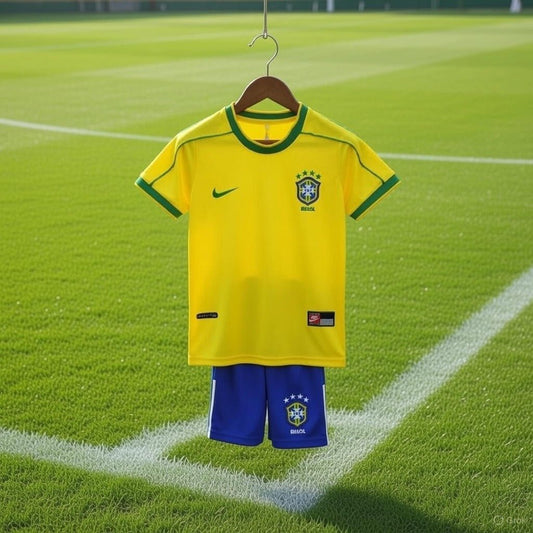 Brazil 🇧🇷 1998 World Cup Retro Kids Kit Set Home Jersey, Shorts & Socks. - World Cup Retro Soccer Shop