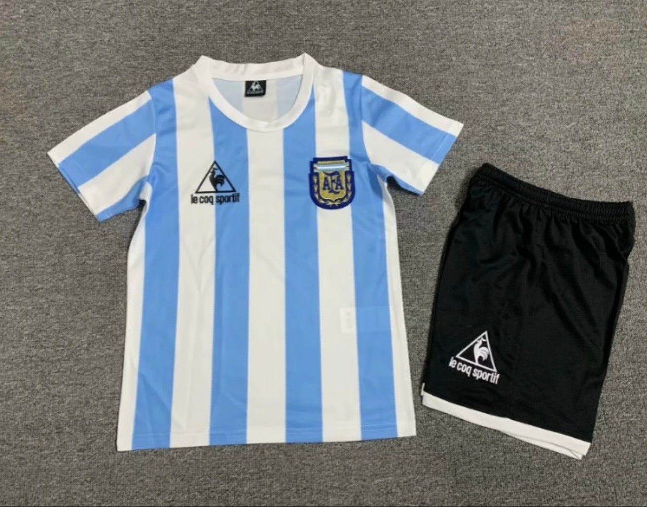 Argentina 🇦🇷 1986 World Cup Kids Kit Set, Home Jersey, Shorts & Socks. - World Cup Retro Soccer Shop