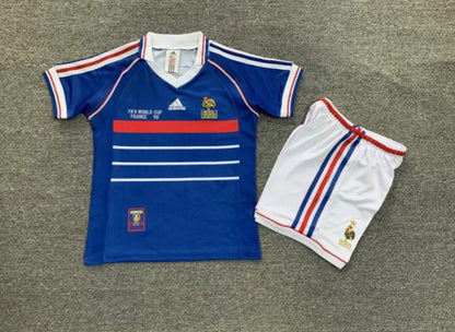 France 🇫🇷 1998 World Cup Champions Kids Kit Set Home Jersey, Shorts & Socks. - World Cup Retro Soccer Shop