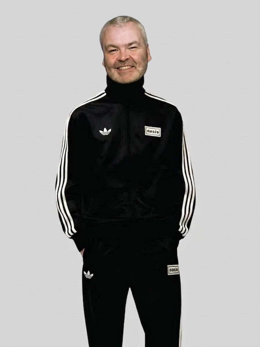 Black Adidas Original Oasis Tour long sleeve tracksuit jacket with logo details, designed for sporty casual wear.