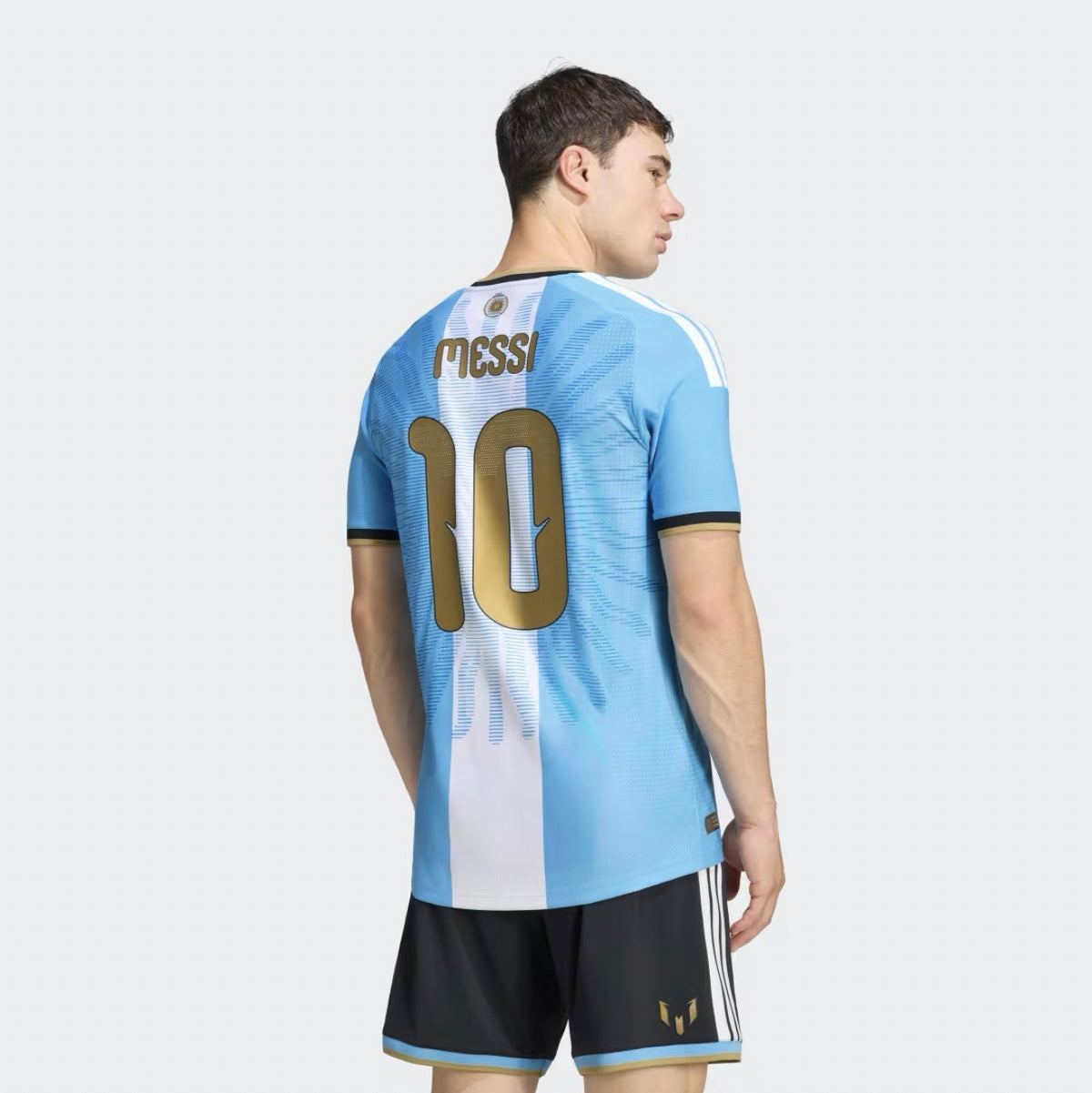 Kids Argentina Lionel Messi farewell jersey, short sleeve World Cup retro soccer shirt for Argentina's last game vs Benin.