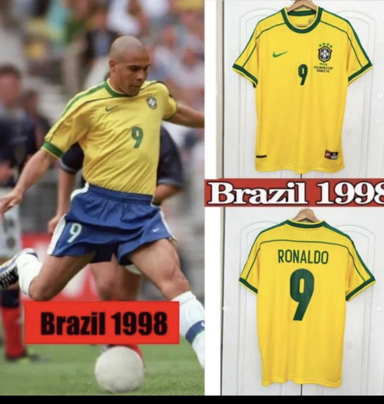 Brazil 🇧🇷 1998 World Cup Retro Kids Kit Set Home Jersey, Shorts & Socks. - World Cup Retro Soccer Shop