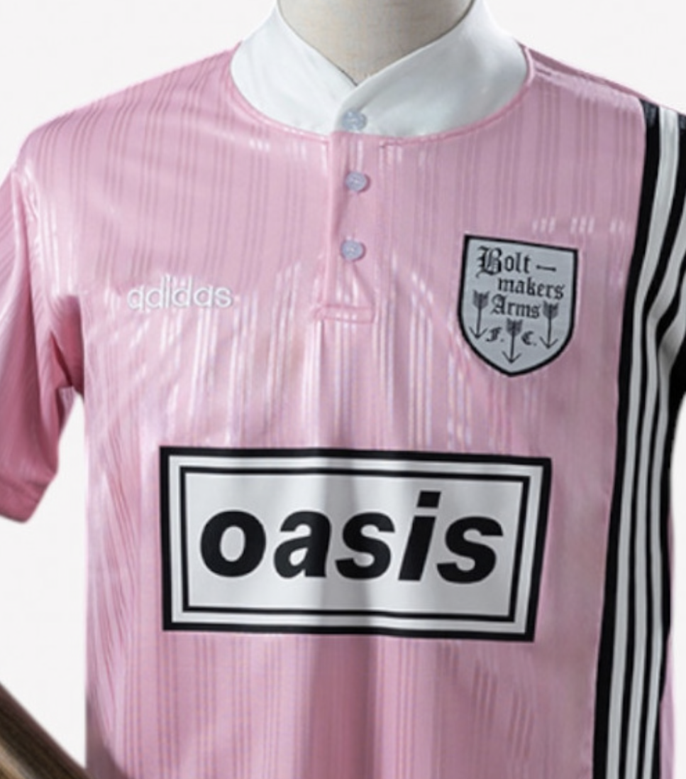 Pink and black Adidas OASIS TOUR “Bolt Makers Arms” edition short sleeve soccer jersey with bold design.