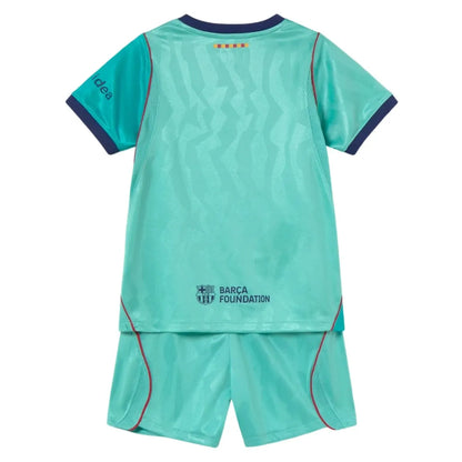 Barcelona 26/27 third kids' soccer kit set featuring a short sleeve home jersey, shorts, and socks by World Cup Retro Soccer Shop.