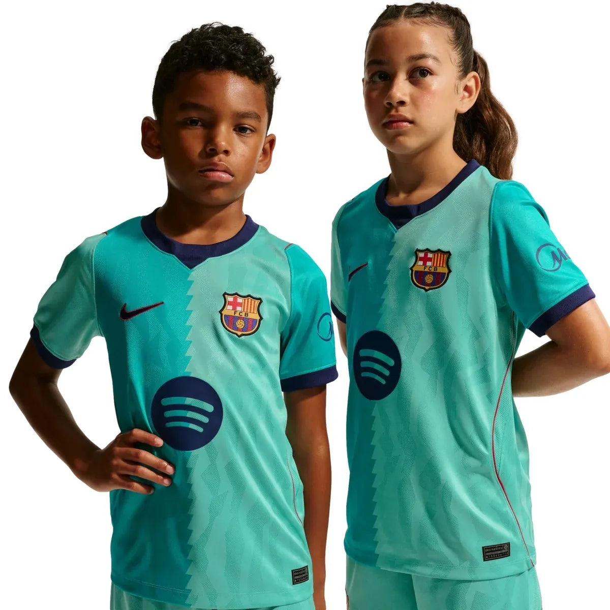 Barcelona 26/27 third kids soccer kit set featuring a short sleeve home jersey, shorts, and socks from World Cup Retro Soccer Shop.