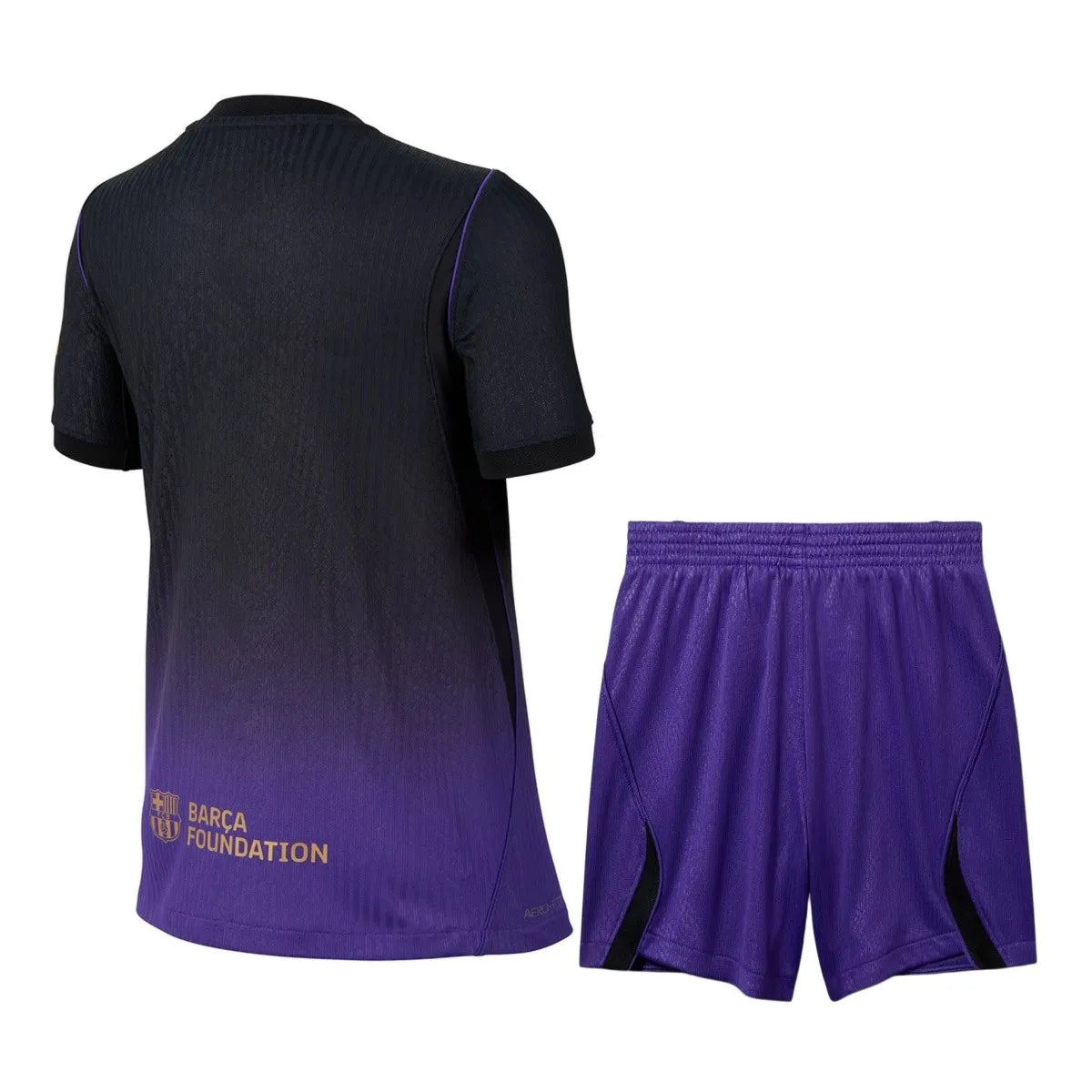 Barcelona kids away soccer kit set including short sleeve jersey, shorts, and socks in team colors.