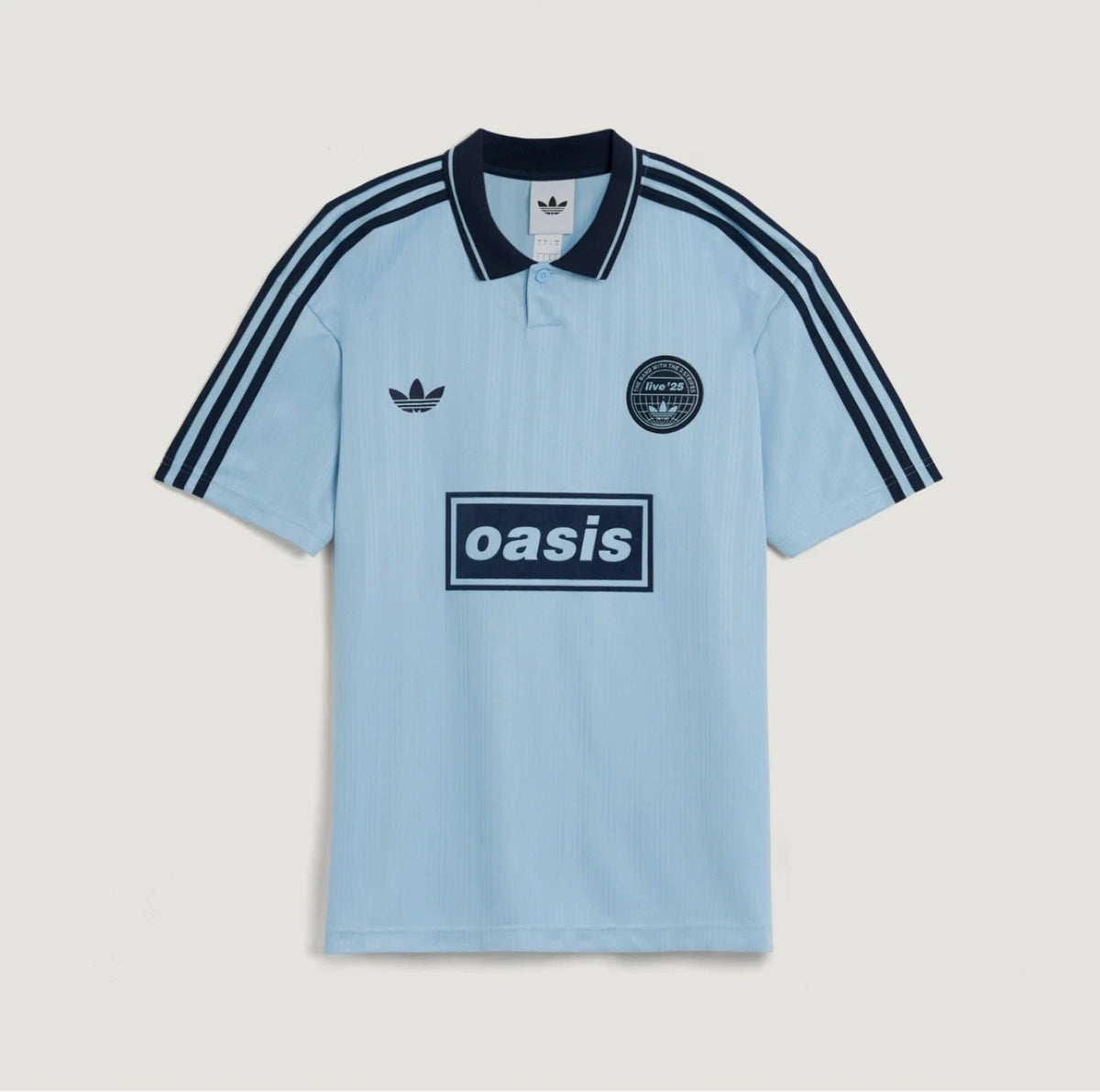 Blue Adidas OASIS TOUR short sleeve jersey from the World Cup Retro Soccer Shop, featuring team and Adidas branding.